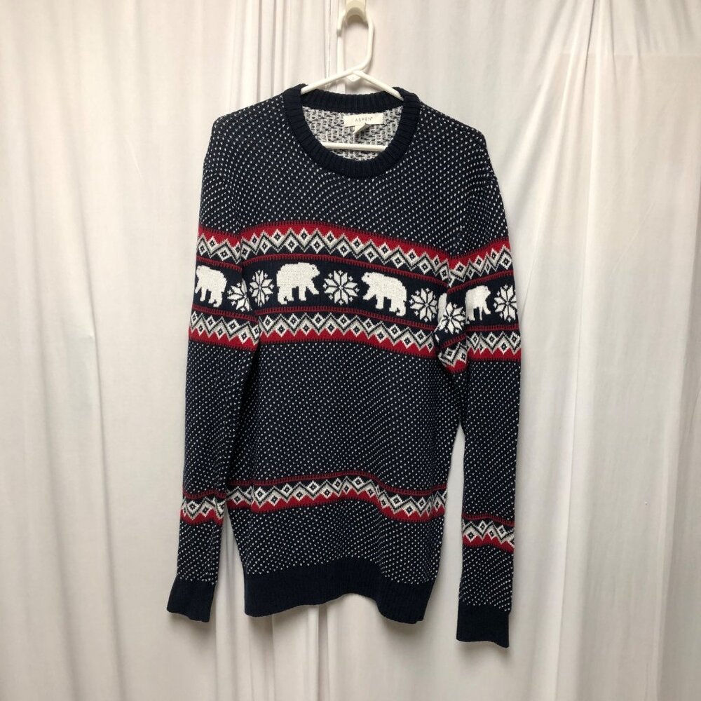Aspen Mens Sweater Size Medium Polar Bear Winter Cotton Navy Red Long Sleeve